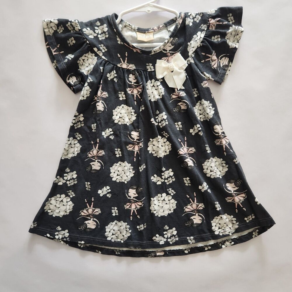 Girls Milon Dress age 1 Flare Sleeves Ballerina Grey And Pink With Bow